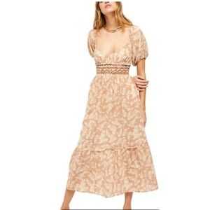 Free People Ellie Print Smocked Midi Dress In Neutral